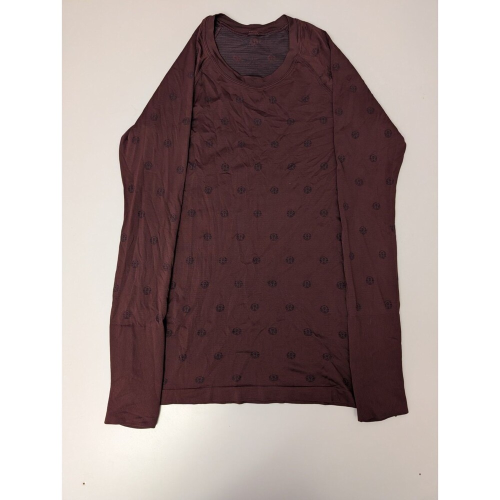 Lululemon Long Sleeve Crew Top Maroon Burgundy Tonal Logo Pattern Size 8